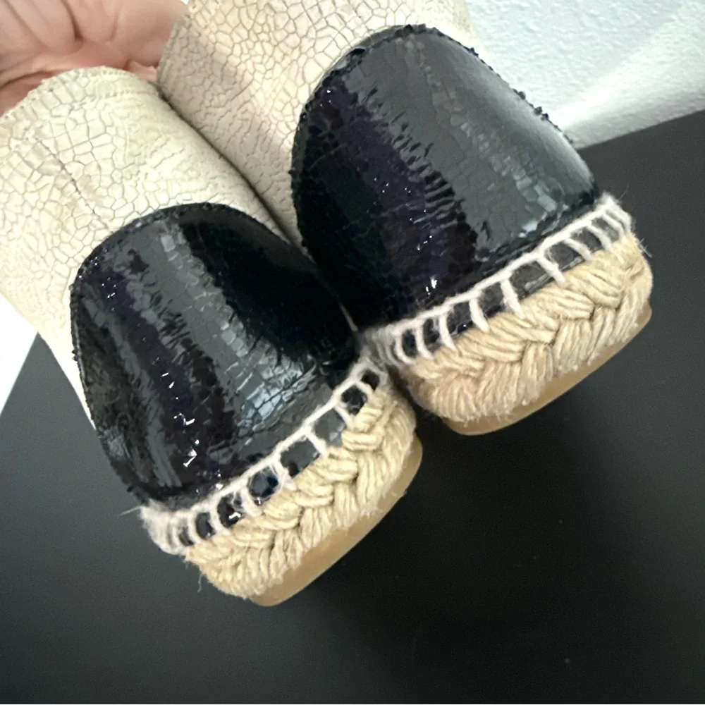 Chanel Two Tone Crackle Leather CC Logo Espadrille Lace Up High Top Sneakers
